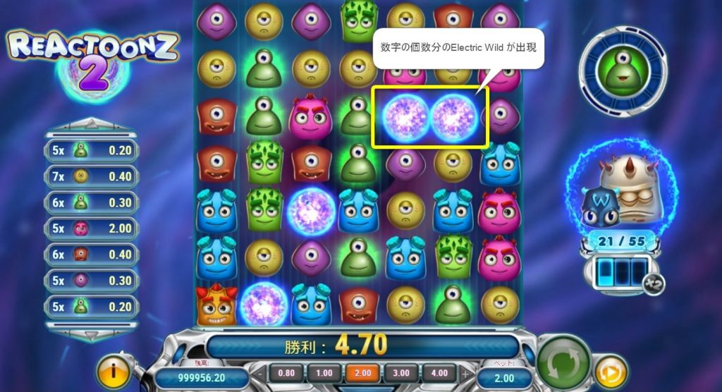数字の個数と同じ数のElectric Wild がリール上に出現!