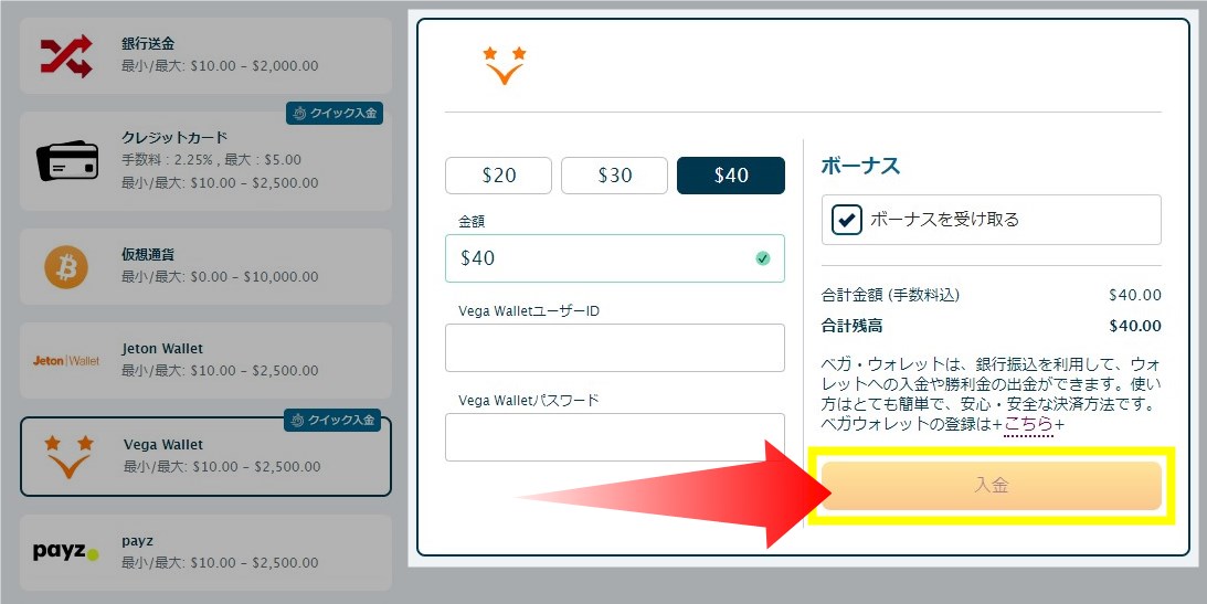 入金額とベガウォレットのアカウント情報を入力