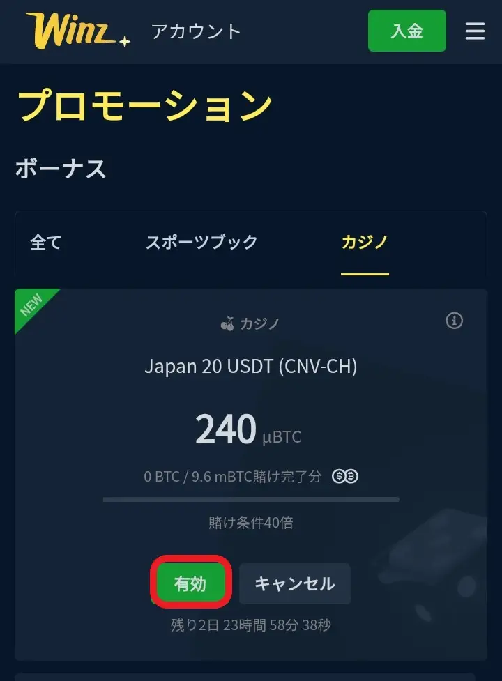 ウィンズ入金不要ボーナス受け取り方4