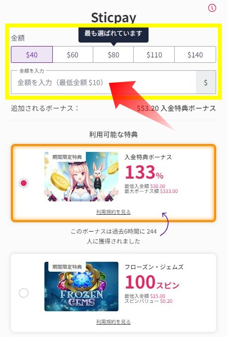 入金額の入力とボーナス特典の選択