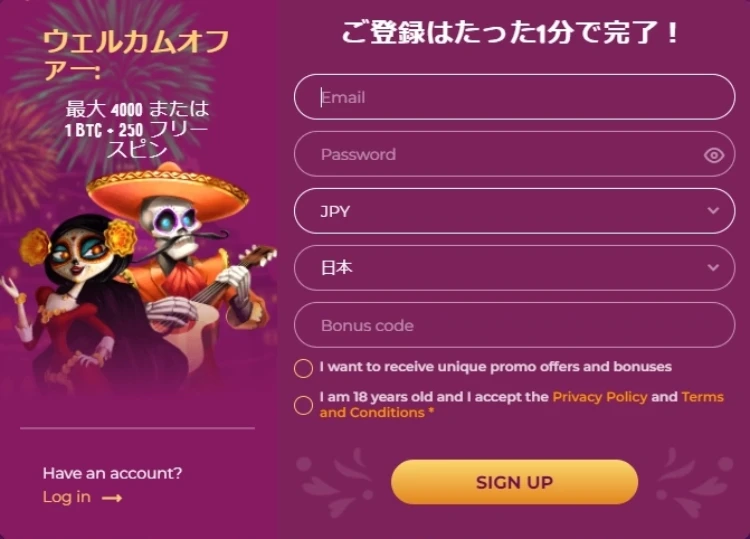 スロットバイブカジノの登録フォーム