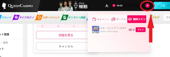 クイーンカジノ入金不要ボーナス受け取り方2
