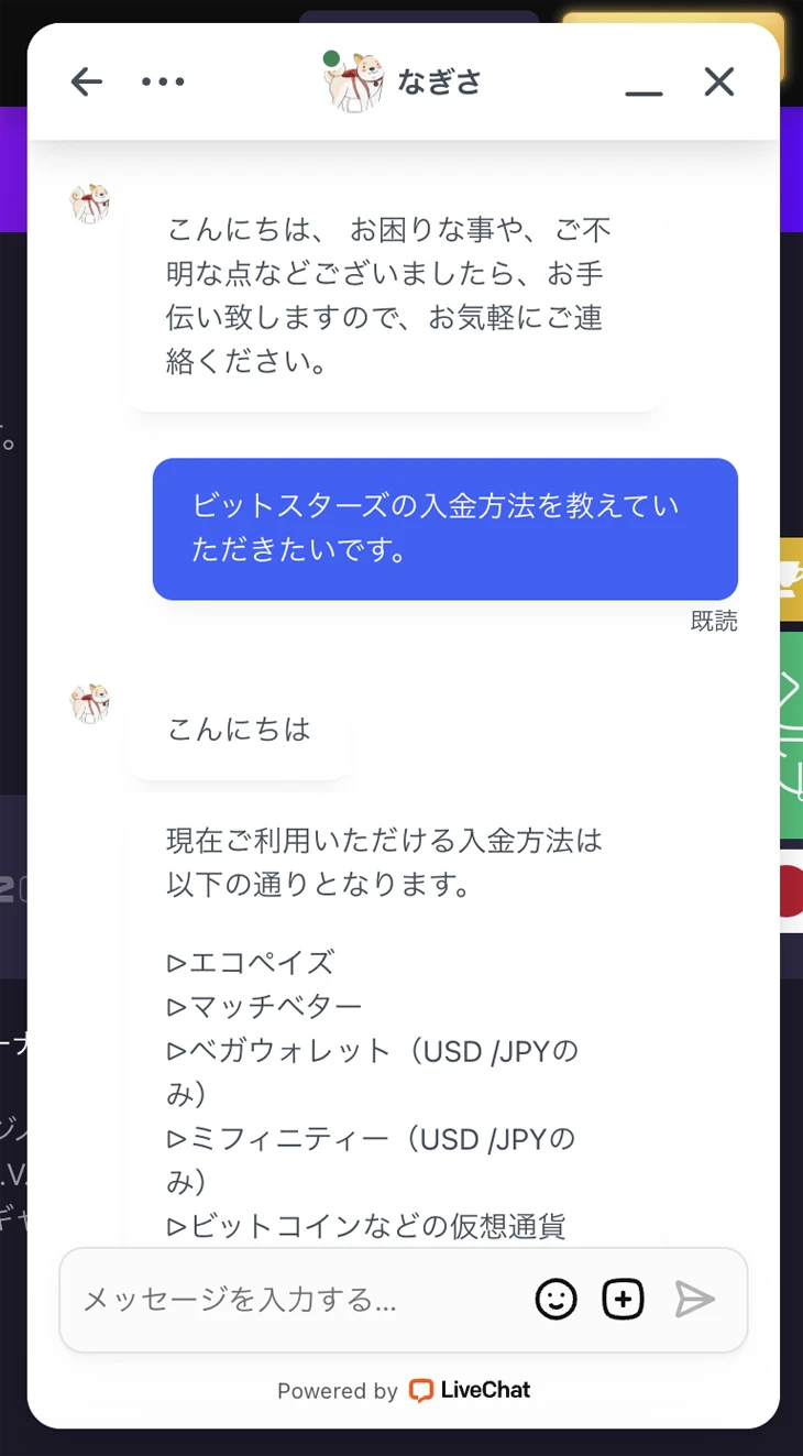 ビットスターズのライブチャットサポート
