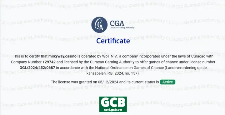 ミルキーウェイカジノのライセンス